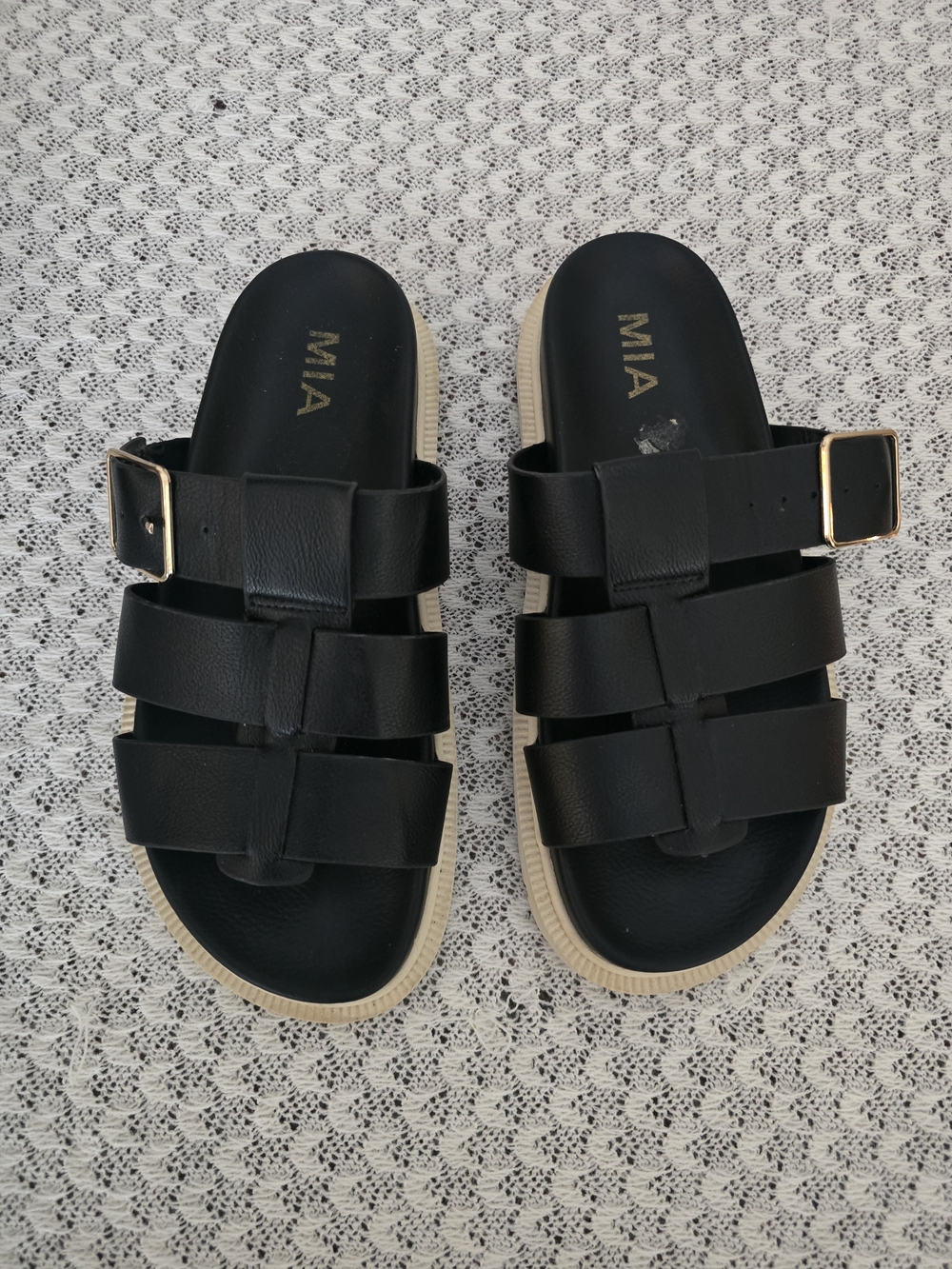 MIA Black Multi-Strap Slide Sandals with Gold Buckle